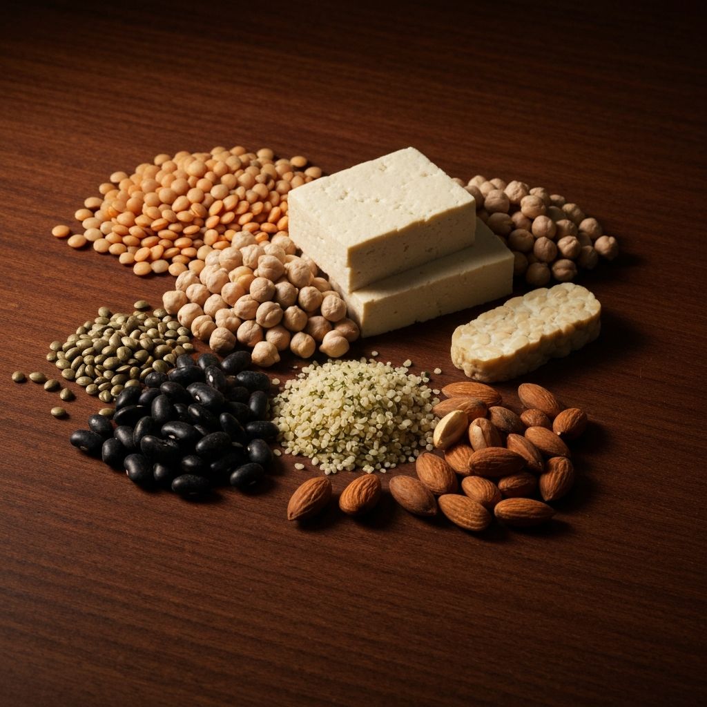 Diverse plant-based protein sources including legumes, nuts and seeds