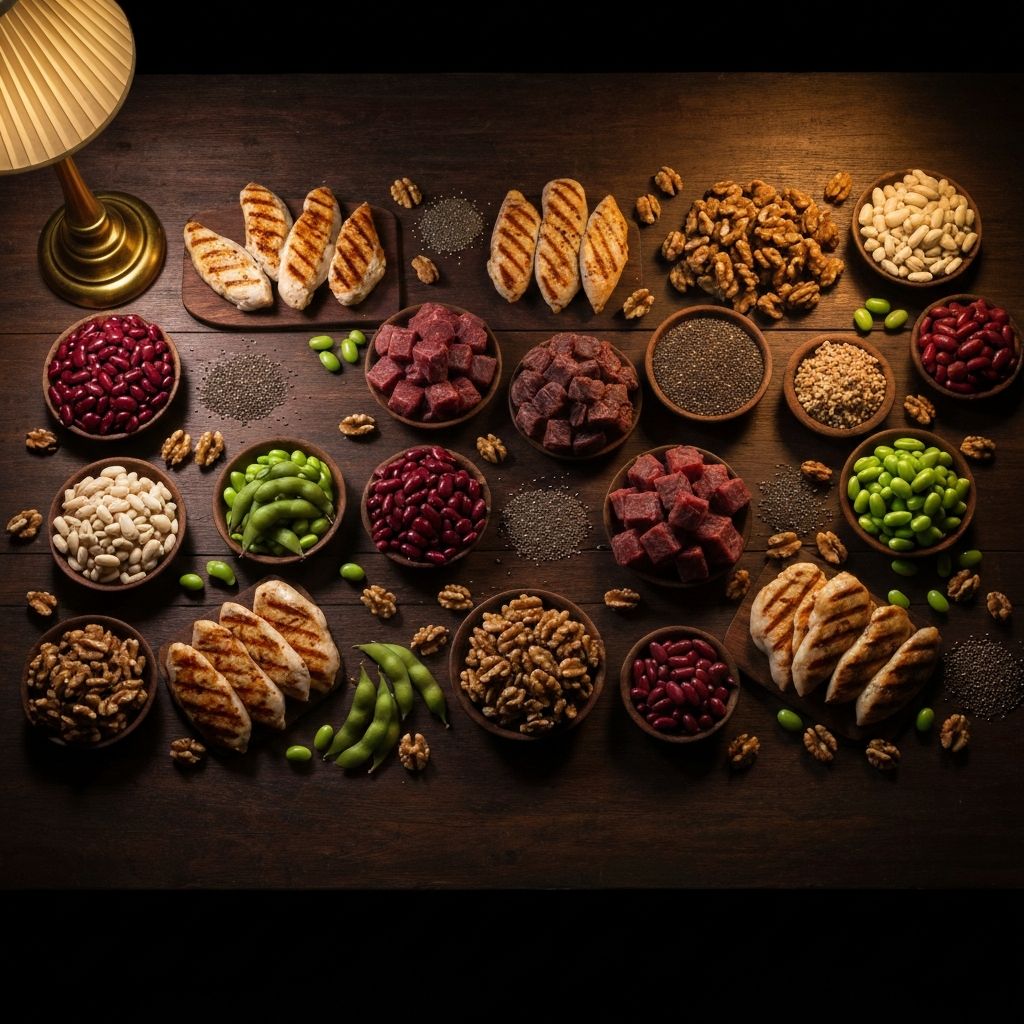 Comprehensive overview of diverse protein food sources spread across a dark surface